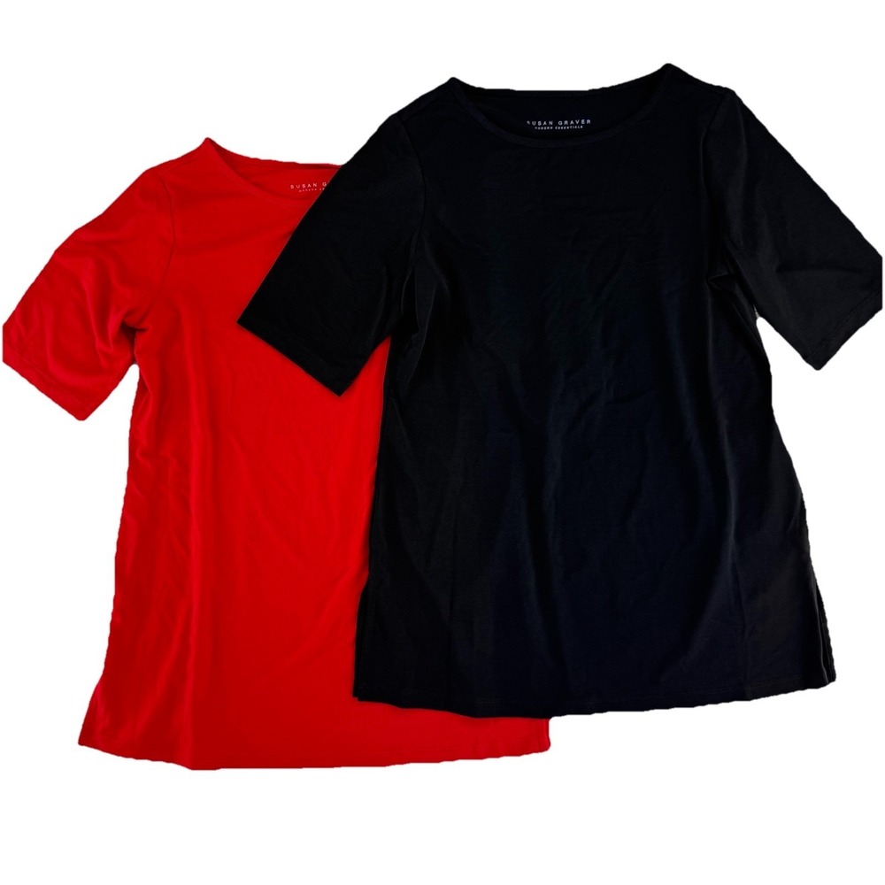 Susan Graver 2 Pack Modern Essentials Liquid Knit Tops XXS Red Black Set